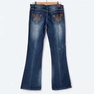 VTG 90s Y2K A-Jeans Embroidered Low Rise Flare Jeans Women's 11 Heart Faded‎